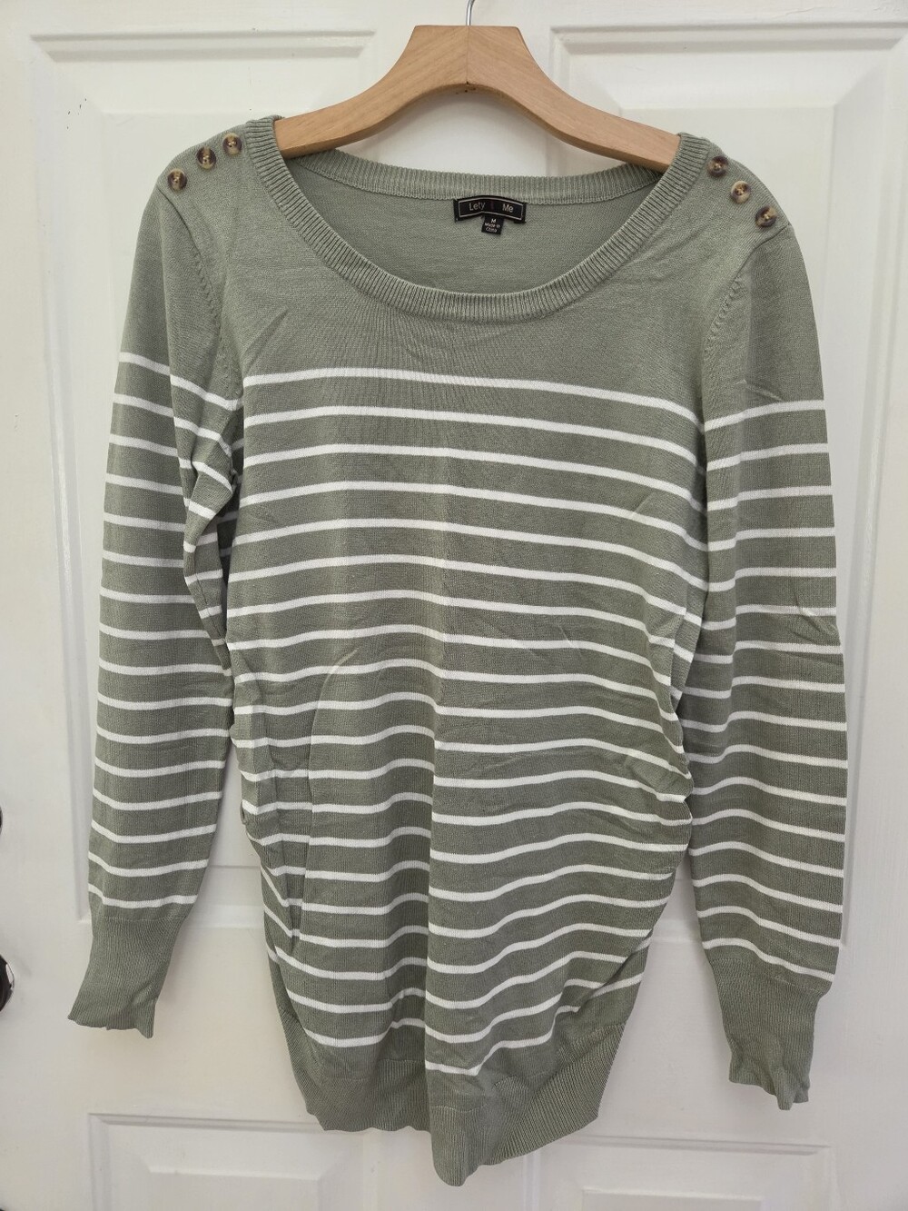 LETY & ME Patton Maternity Button Detail Sweater Light Green White Stripe